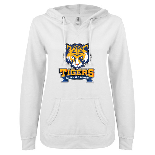 ENZA Womens White V Notch Raw Edge Fleece Hoodie-Mascot head wordmark