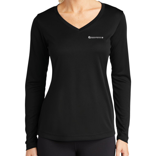 Womens Black Performance Long Sleeve V Neck Shirt-Primary Logo
