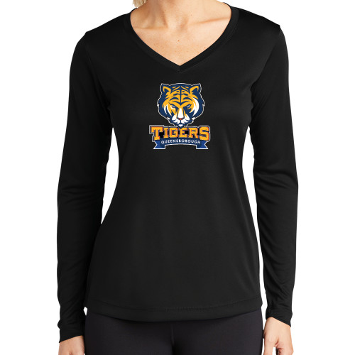 Womens Black Performance Long Sleeve V Neck Shirt-Mascot head wordmark