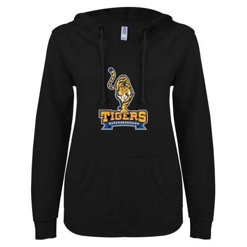 ENZA Womens Black V Notch Raw Edge Fleece Hoodie-Tiger Queensborough