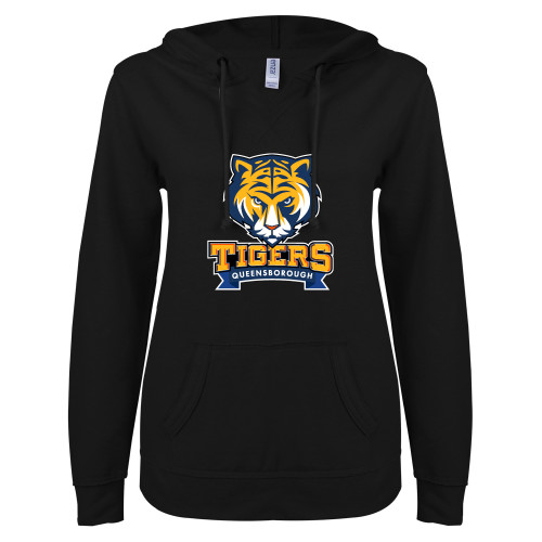 ENZA Womens Black V Notch Raw Edge Fleece Hoodie-Mascot head wordmark