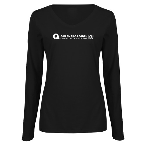 Womens Black Long Sleeve V Neck Tee -Primary Logo