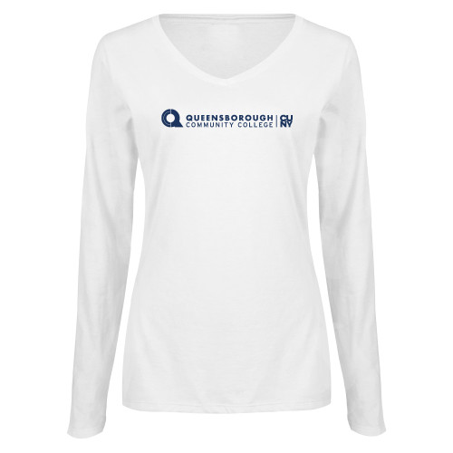 Womens White Long Sleeve V Neck Tee-Primary Logo