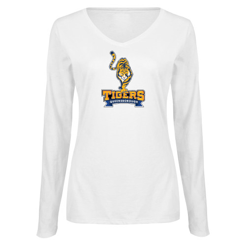 Womens White Long Sleeve V Neck Tee-Tiger Queensborough