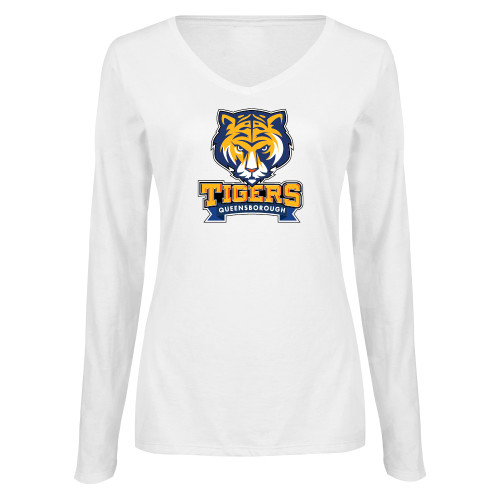 Womens White Long Sleeve V Neck Tee-Mascot head wordmark