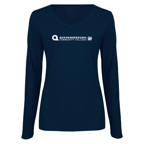 Womens Navy Long Sleeve V Neck Tee-Primary Logo