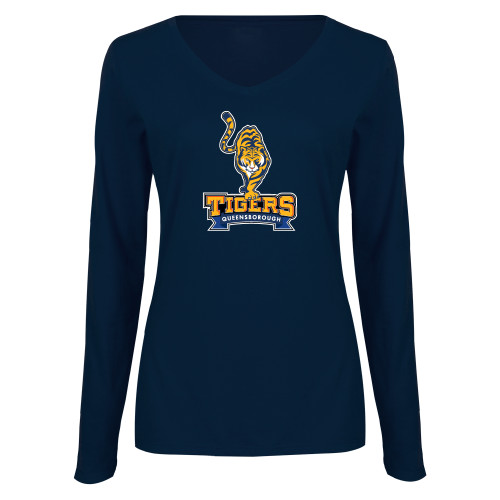 Womens Navy Long Sleeve V Neck Tee-Tiger Queensborough