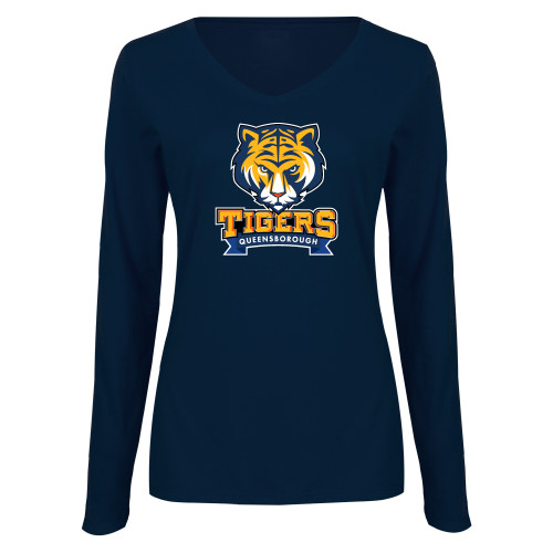 Womens Navy Long Sleeve V Neck Tee-Mascot head wordmark