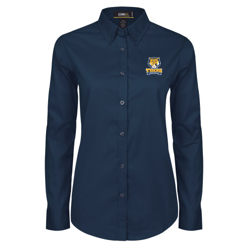 Womens Navy Twill Button Down Long Sleeve -Wordmark and Mascot