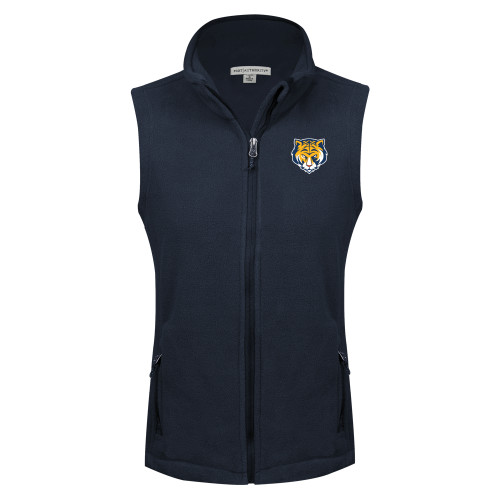 Womens Navy Fleece Full Zip Vest-Mascot Head
