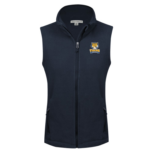 Womens Navy Fleece Full Zip Vest-Wordmark and Mascot