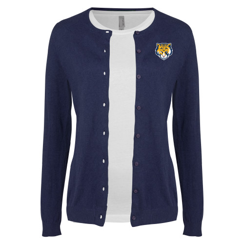 Womens Navy Cardigan Sweater-Mascot Head