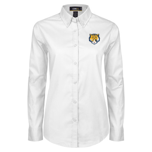 Womens White Twill Button Down Long Sleeve-Mascot Head