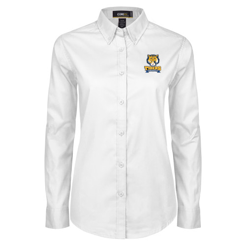 Womens White Twill Button Down Long Sleeve-Wordmark and Mascot