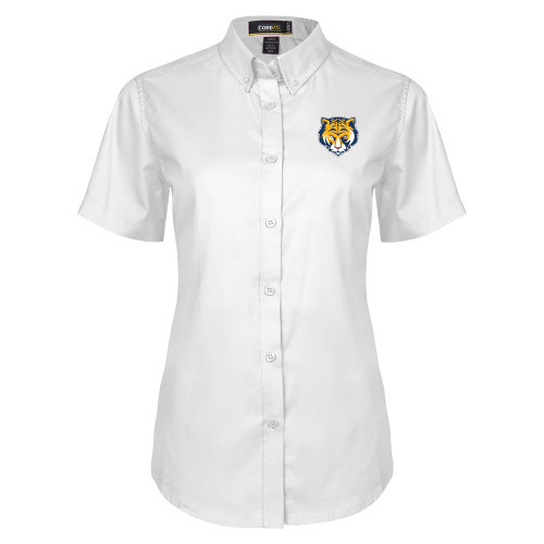 Womens White Twill Button Up Short Sleeve-Mascot Head