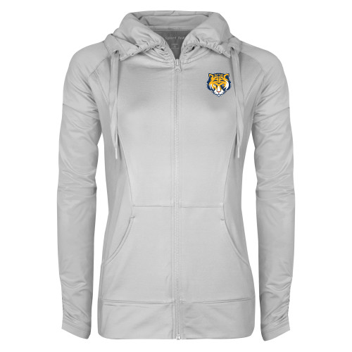 Womens White Sport Wick Stretch Full Zip Jacket-Mascot Head