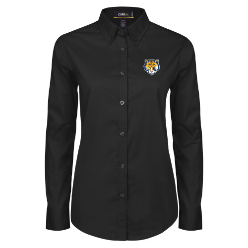 Womens Black Twill Button Down Long Sleeve -Mascot Head