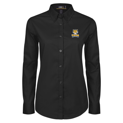 Womens Black Twill Button Down Long Sleeve -Wordmark and Mascot