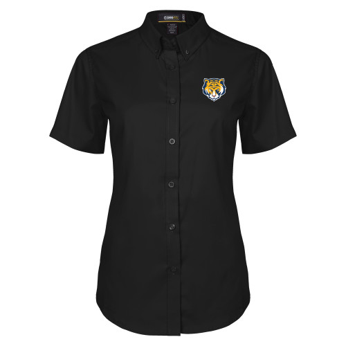 Womens Black Twill Button Up Short Sleeve-Mascot Head