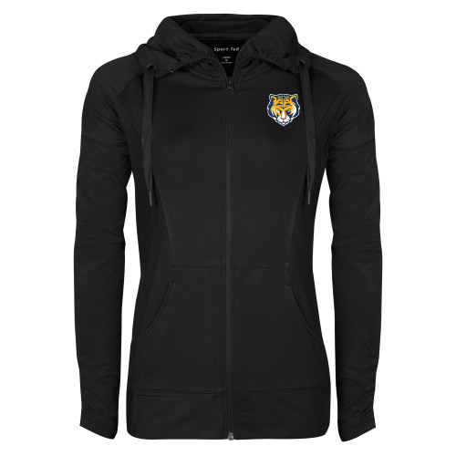 Womens Black Sport Wick Stretch Full Zip Jacket-Mascot Head