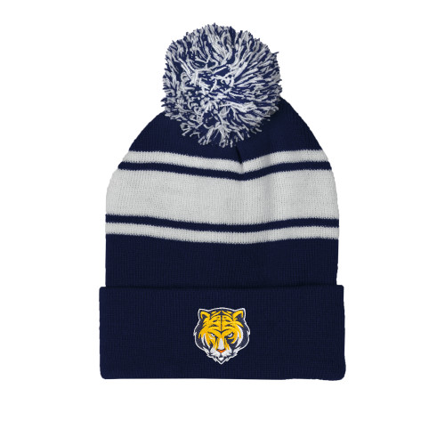 Navy/White Two Tone Knit Pom Beanie w/Cuff-Mascot Head