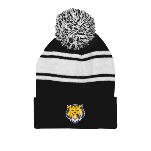 Black/White Two Tone Knit Pom Beanie w/Cuff-Mascot Head