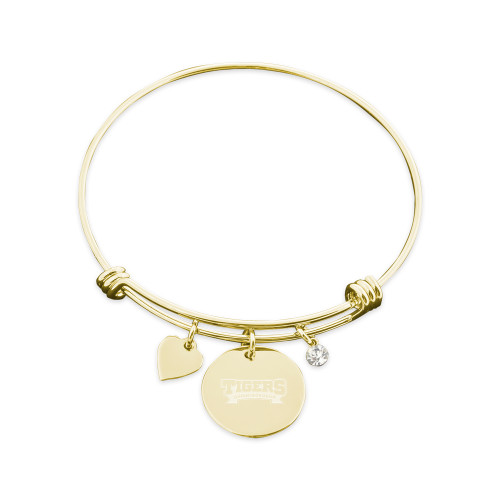 Olivia Sorelle Gold Bangle Bracelet with Round Pendant, Heart and Jewel-Wordmark Engraved
