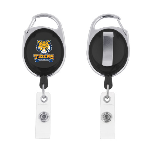 Black Oval Retractable Badge Holder w/Clip-Mascot head wordmark