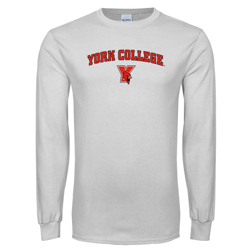 White Long Sleeve T Shirt-York College Arched with Cardinal