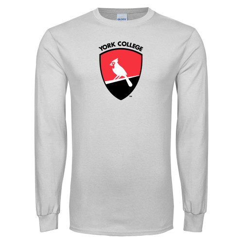 White Long Sleeve T Shirt-York College and Shield