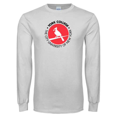 White Long Sleeve T Shirt-Circle Text Perched Cardinal