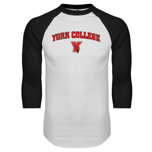 White/Black Raglan Baseball T Shirt-York College Arched with Cardinal