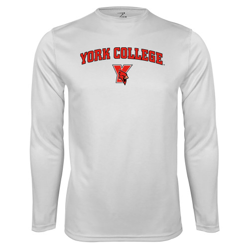 White Performance Long Sleeve Shirt-York College Arched with Cardinal