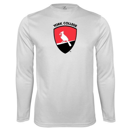 White Performance Long Sleeve Shirt-York College and Shield