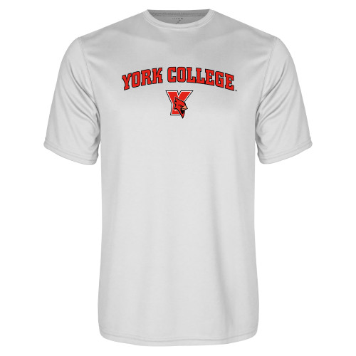 White Performance Tee-York College Arched with Cardinal