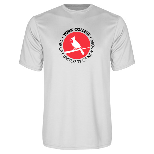 White Performance Tee-Circle Text Perched Cardinal