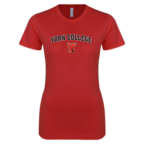 Next Level Womens Red Boyfriend Tee-York College Arched with Cardinal