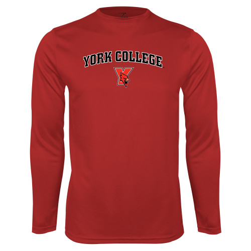 Red Performance Long Sleeve Shirt-York College Arched with Cardinal