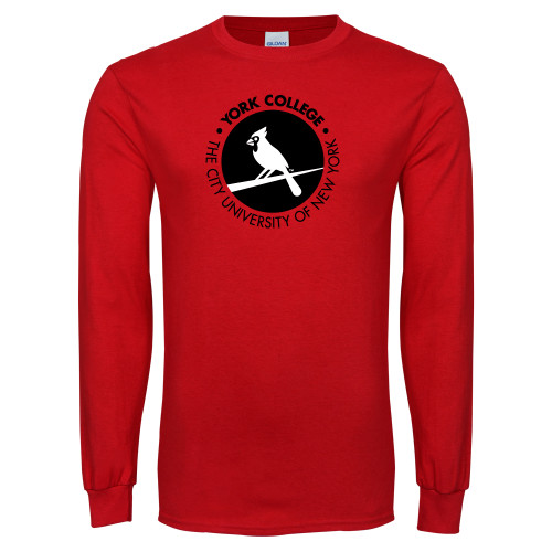 Red Long Sleeve T Shirt-Circle Text Perched Cardinal