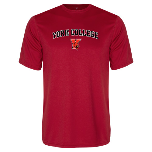 Red Performance Tee-York College Arched with Cardinal