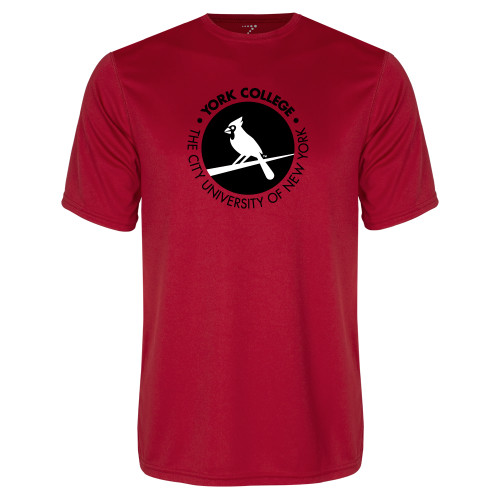 Red Performance Tee-Circle Text Perched Cardinal