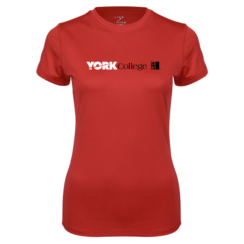 Womens Red Performance Tee-York College with CUNY Square