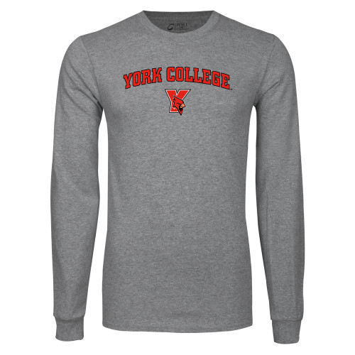 Grey Long Sleeve T Shirt-York College Arched with Cardinal
