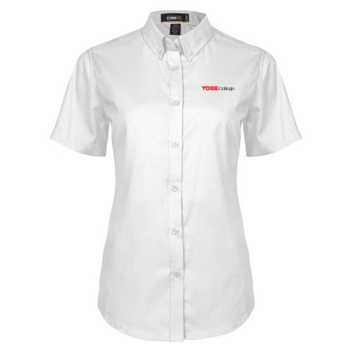 Womens White Twill Button Up Short Sleeve-Officlal Logo