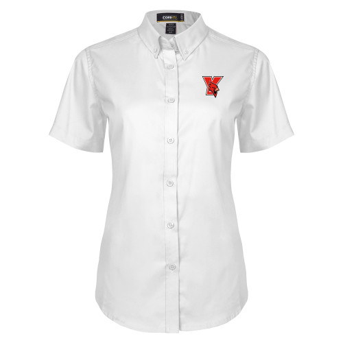 Womens White Twill Button Up Short Sleeve-Cardinal