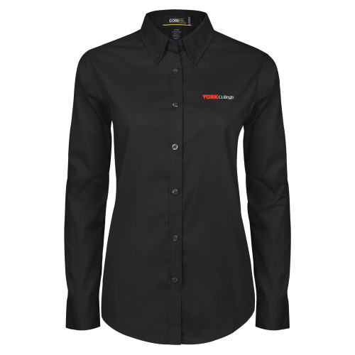 Womens Black Twill Button Down Long Sleeve -Officlal Logo