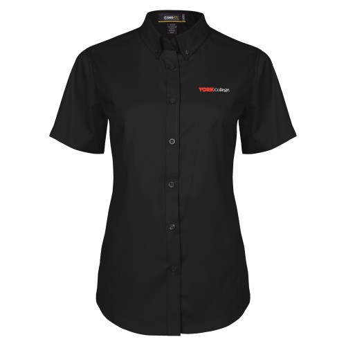 Womens Black Twill Button Up Short Sleeve-Officlal Logo