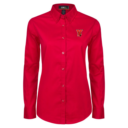 Womens Red Twill Button Down Long Sleeve -Cardinal