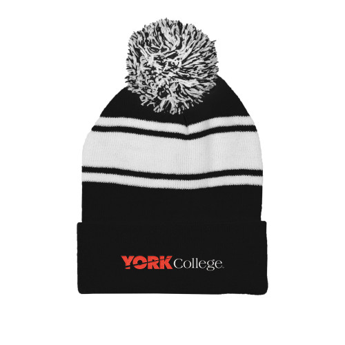 Black/White Two Tone Knit Pom Beanie w/Cuff-Officlal Logo