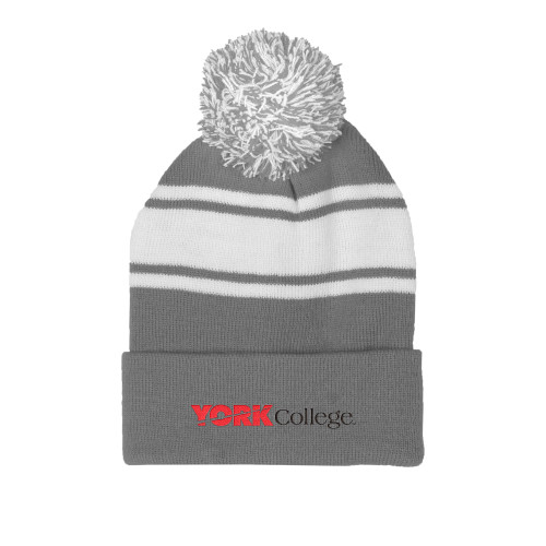 Grey/White Two Tone Knit Pom Beanie w/Cuff-Officlal Logo